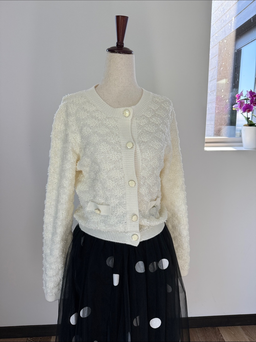 Mango Cream Textured Button-Up Cardigan